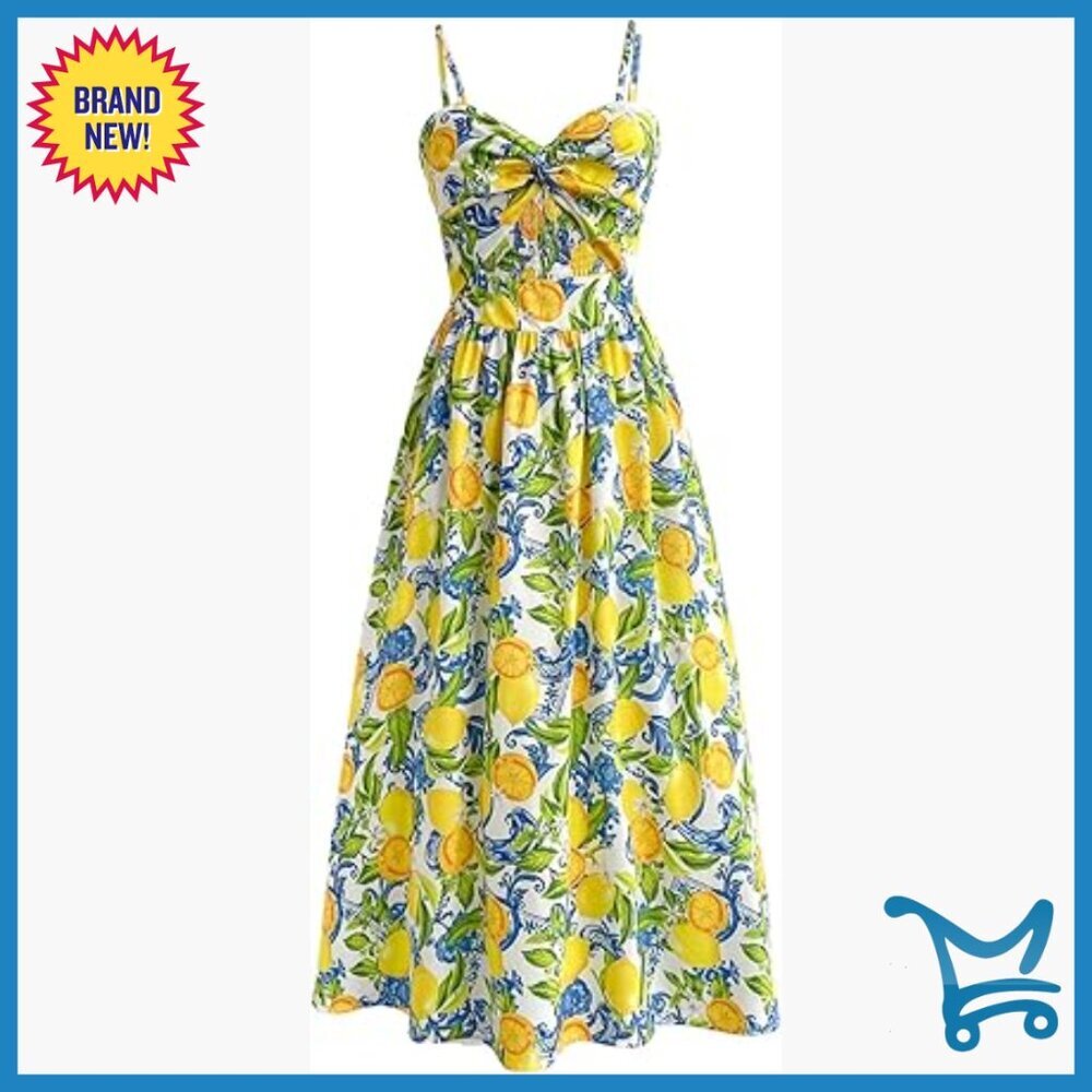 Boho Floral Fruit Print Midi Dress with Cut Out Twisted Front